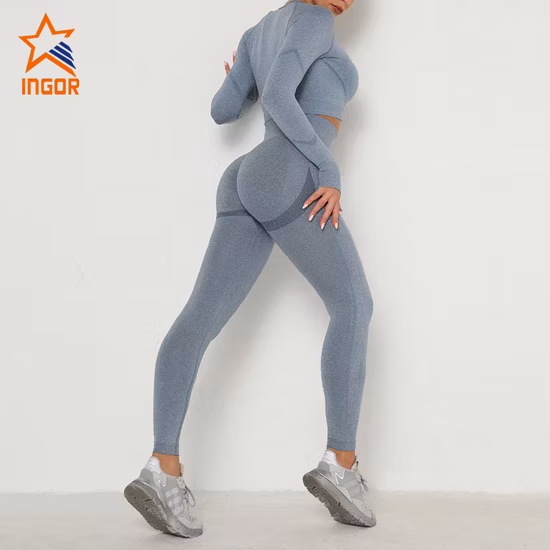 Ingor Sportswear Set da yoga europei e americani senza cuciture da donna, magliette sportive a maniche lunghe a vita alta e leggings da yoga fitness Due